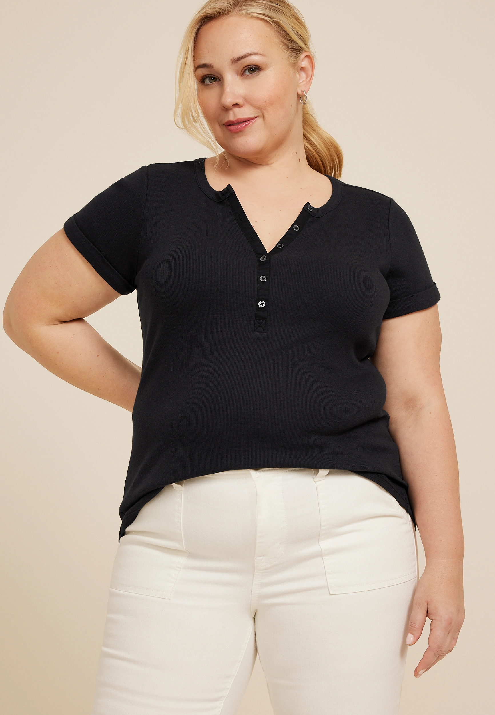 Plus Size Ribbed Henley Short Sleeve Tee 1 Plus Size Ribbed Henley Short Sleeve Tee