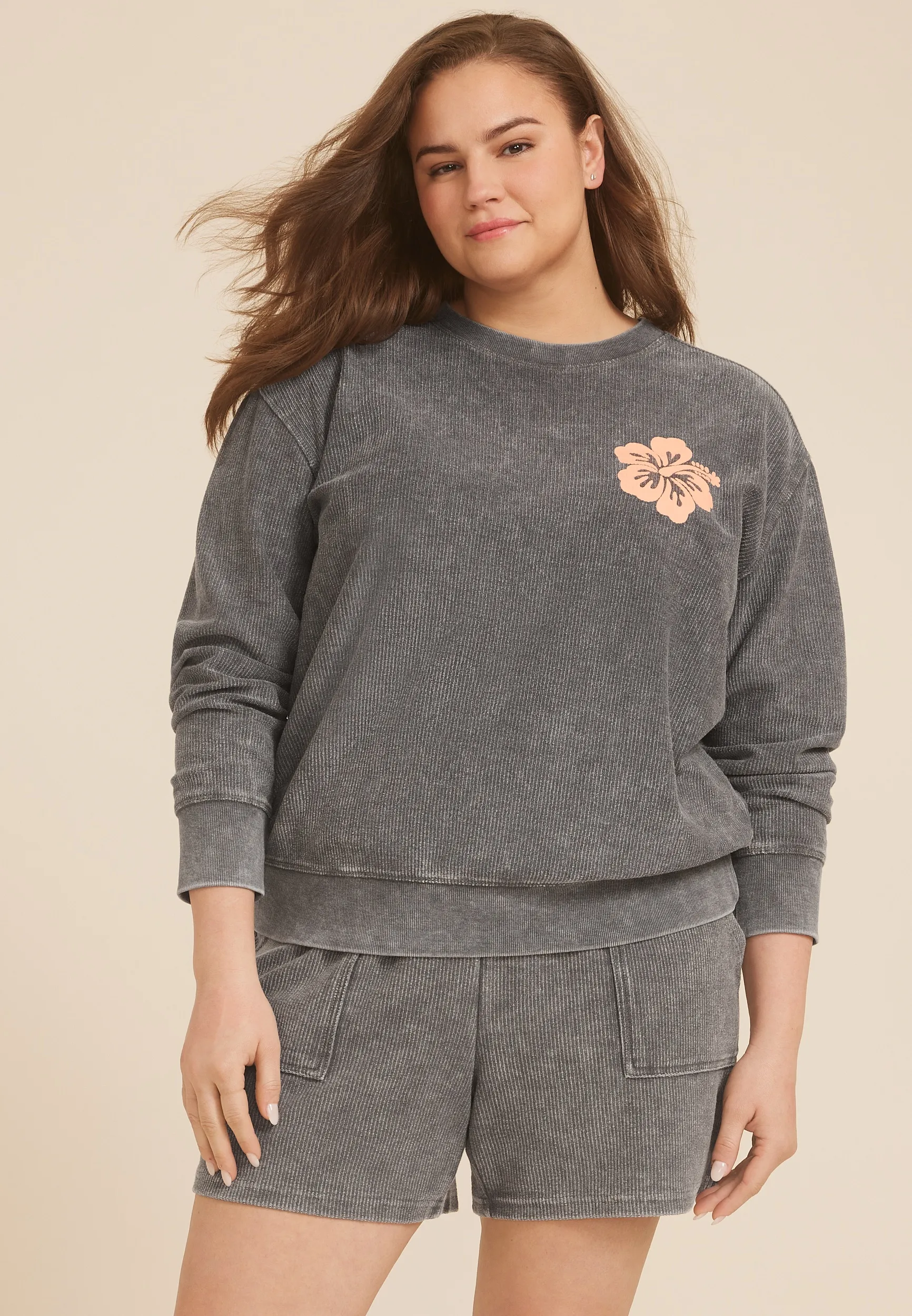 Plus Size Corded Floral Crew Neck Sweatshirt 1 Plus Size Corded Floral Crew Neck Sweatshirt