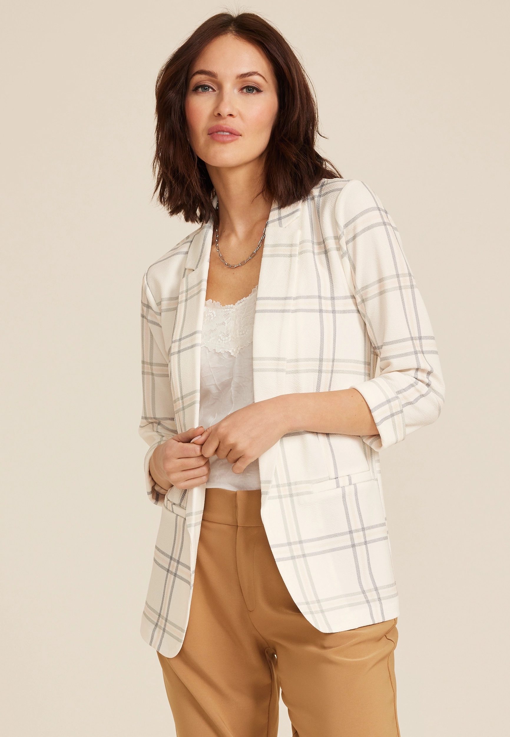 Windowpane Plaid Versa Open Front Blazer 1 Windowpane Plaid Versa Open Front Blazer