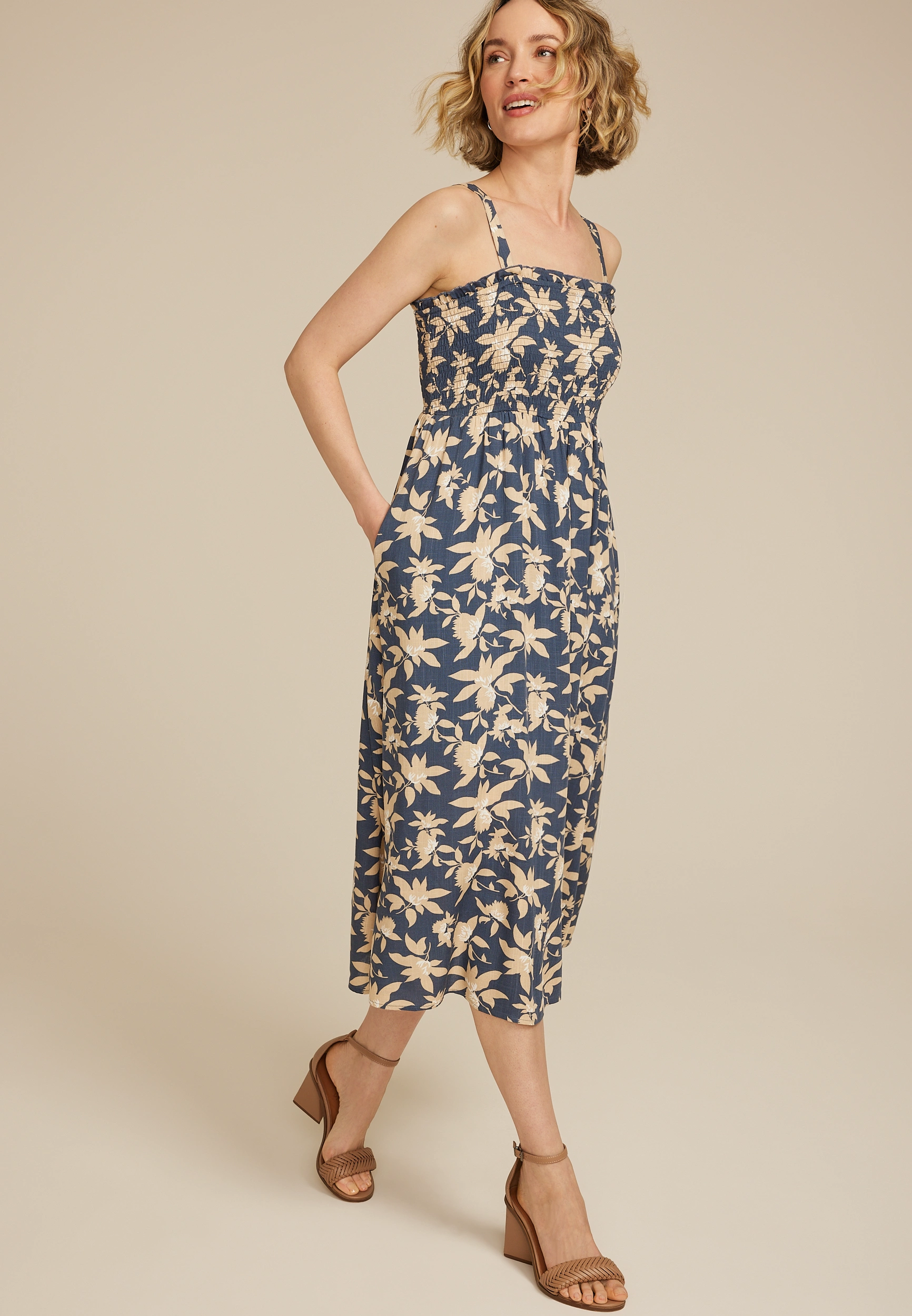 Bare Printed Smocked Midi Dress 1 Bare Printed Smocked Midi Dress