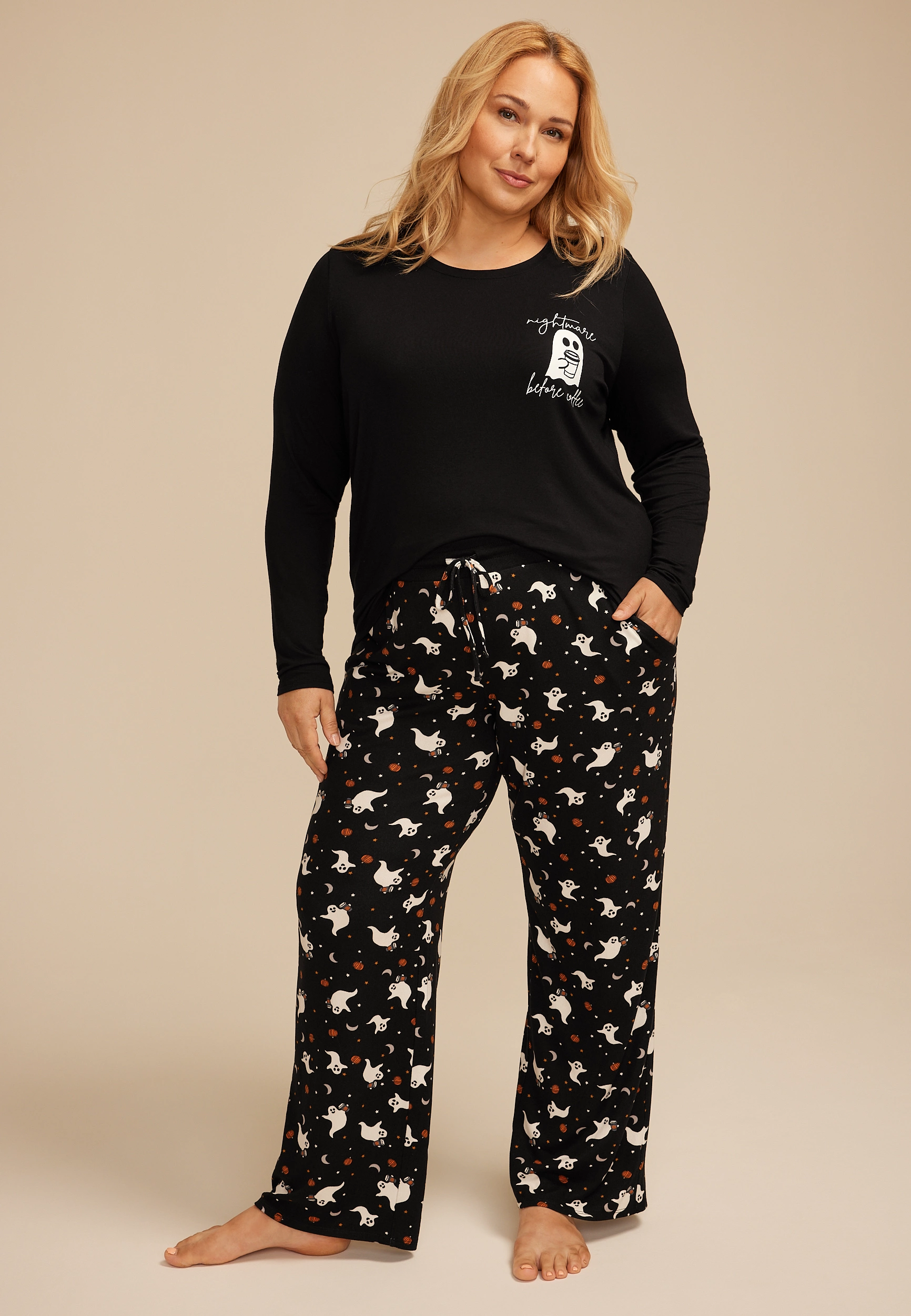 Plus Size Nightmare Before Coffee Ghost Graphic Tee And Wide Leg Pajama Set 1 Plus Size Nightmare Before Coffee Ghost Graphic Tee And Wide Leg Pajama Set