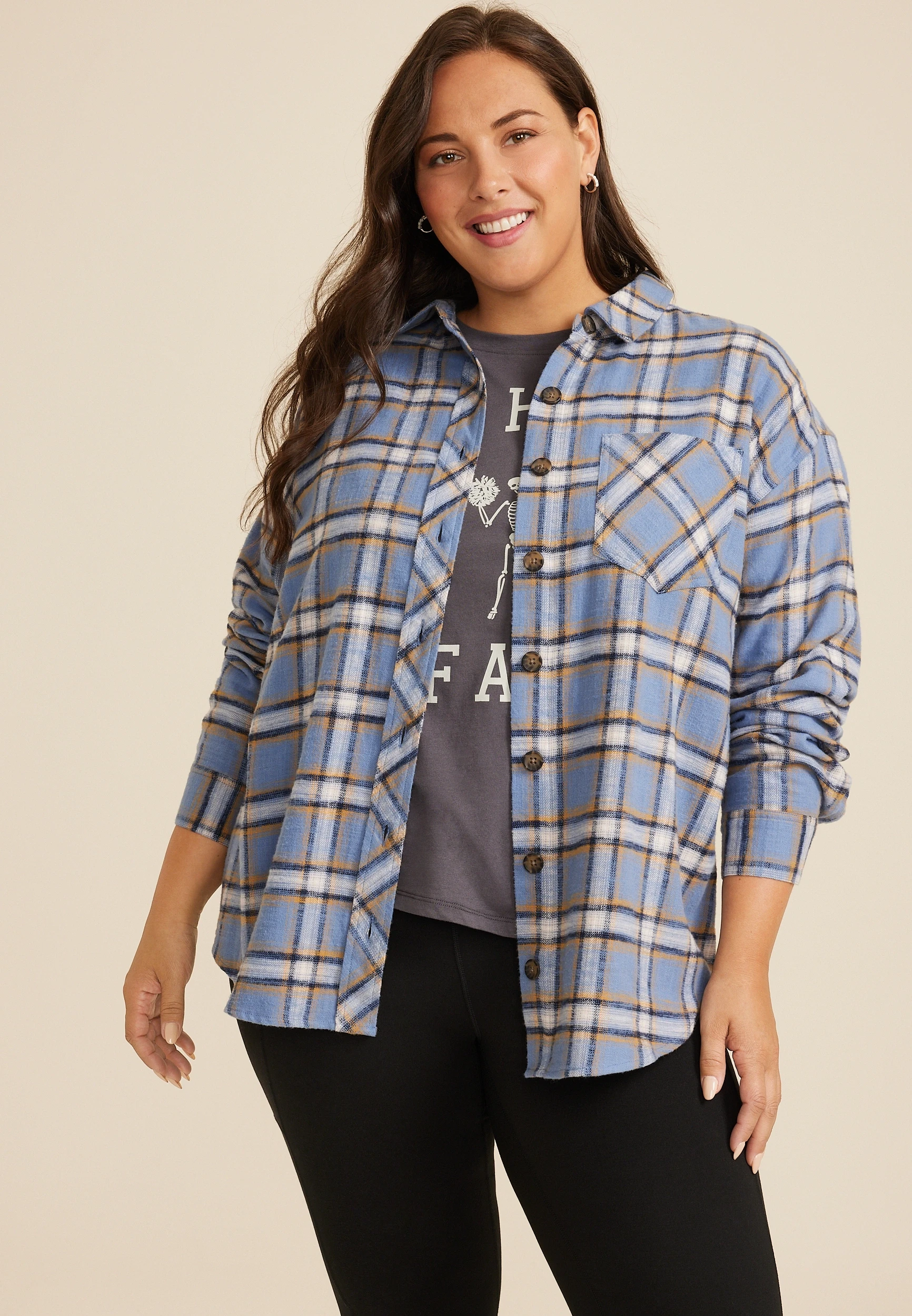 Plus Size Plaid Game Day Graphic Back Oversized Button Down Shirt 1 Plus Size Plaid Game Day Graphic Back Oversized Button Down Shirt