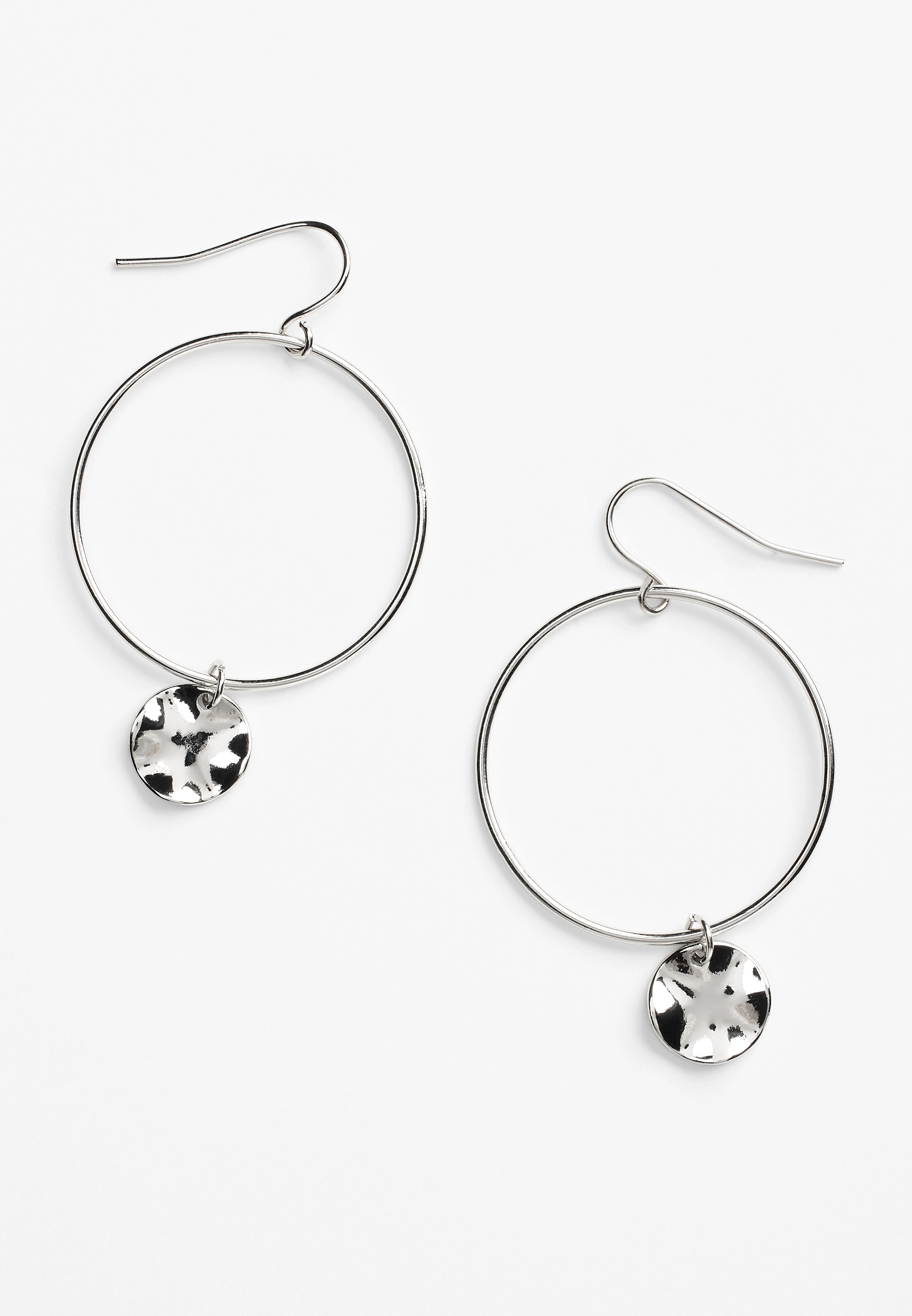 Silver Hammered Disc Charm Hoop Earrings